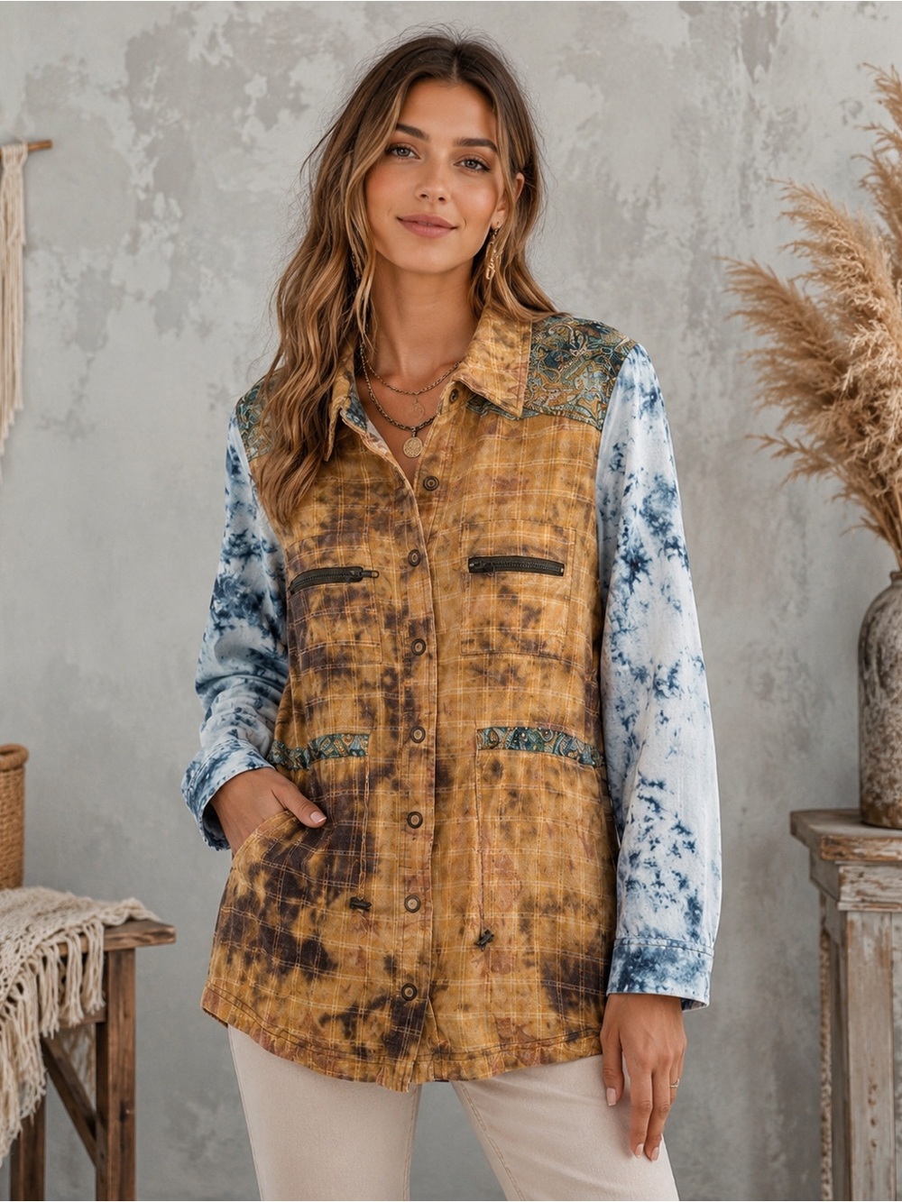 Vici Mixed Media Acid Wash Plaid Shacket